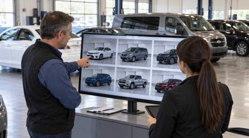 Présentation de véhicules d'occasion en showroom virtuel.