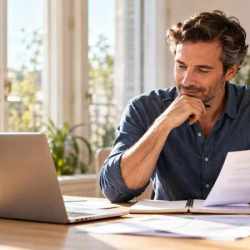 Freelance consultant comparant son ordinateur et son bulletin de paie dans un bureau lumineux.