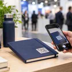 Scan d'un QR code sur un carnet publicitaire lors d'un salon professionnel.