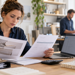 Dirigeante de petite entreprise examinant une réclamation client et des documents financiers.