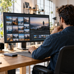 Photographe et vidéaste consultant ses images et son montage sur ordinateur dans un studio.