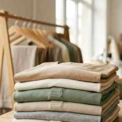 Polos d'entreprise éco-responsables pliés dans un atelier textile durable