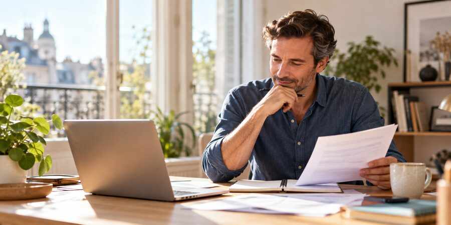 Freelance consultant comparant son ordinateur et son bulletin de paie dans un bureau lumineux.