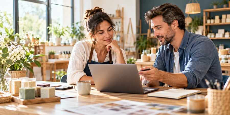 Dirigeante de petite entreprise échangeant avec un consultant web devant un ordinateur dans un atelier.