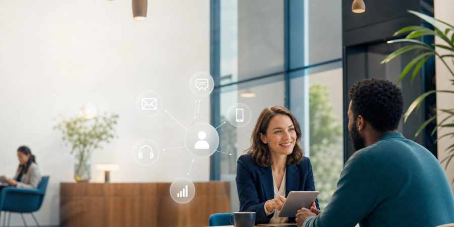 Une conseillère échange avec un client dans un espace moderne, entourée de symboles représentant les canaux du marketing relationnel.