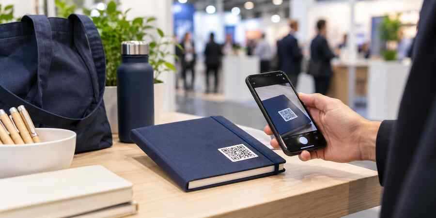 Scan d'un QR code sur un carnet publicitaire lors d'un salon professionnel.