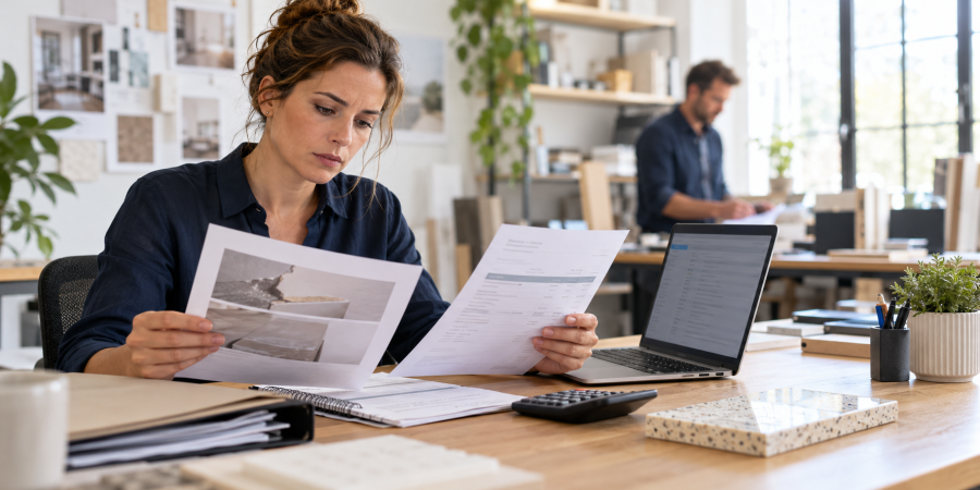 Dirigeante de petite entreprise examinant une réclamation client et des documents financiers.