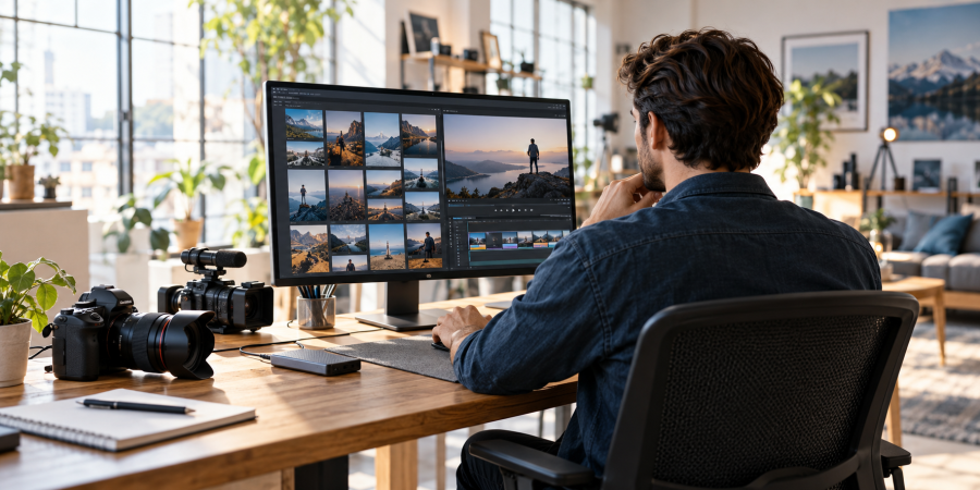 Photographe et vidéaste consultant ses images et son montage sur ordinateur dans un studio.