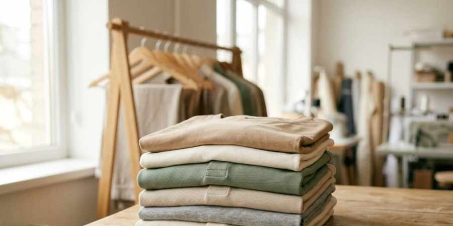 Polos d'entreprise éco-responsables pliés dans un atelier textile durable