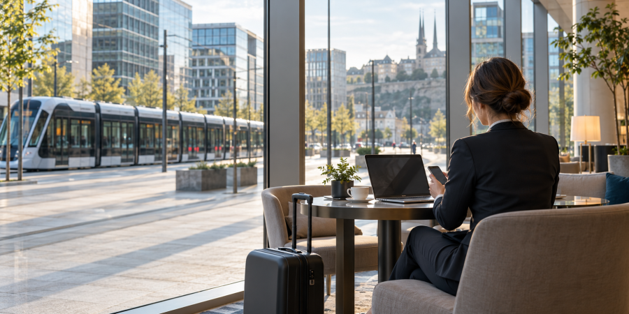 Une femme en voyage d'affaires connecté au Luxembourg
