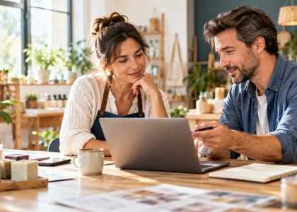 Dirigeante de petite entreprise échangeant avec un consultant web devant un ordinateur dans un atelier.