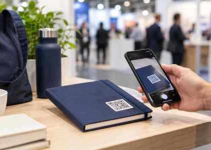 Scan d'un QR code sur un carnet publicitaire lors d'un salon professionnel.
