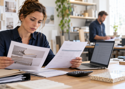 Dirigeante de petite entreprise examinant une réclamation client et des documents financiers.