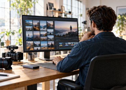 Photographe et vidéaste consultant ses images et son montage sur ordinateur dans un studio.
