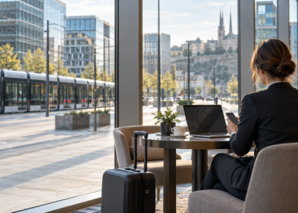 Une femme en voyage d'affaires connecté au Luxembourg